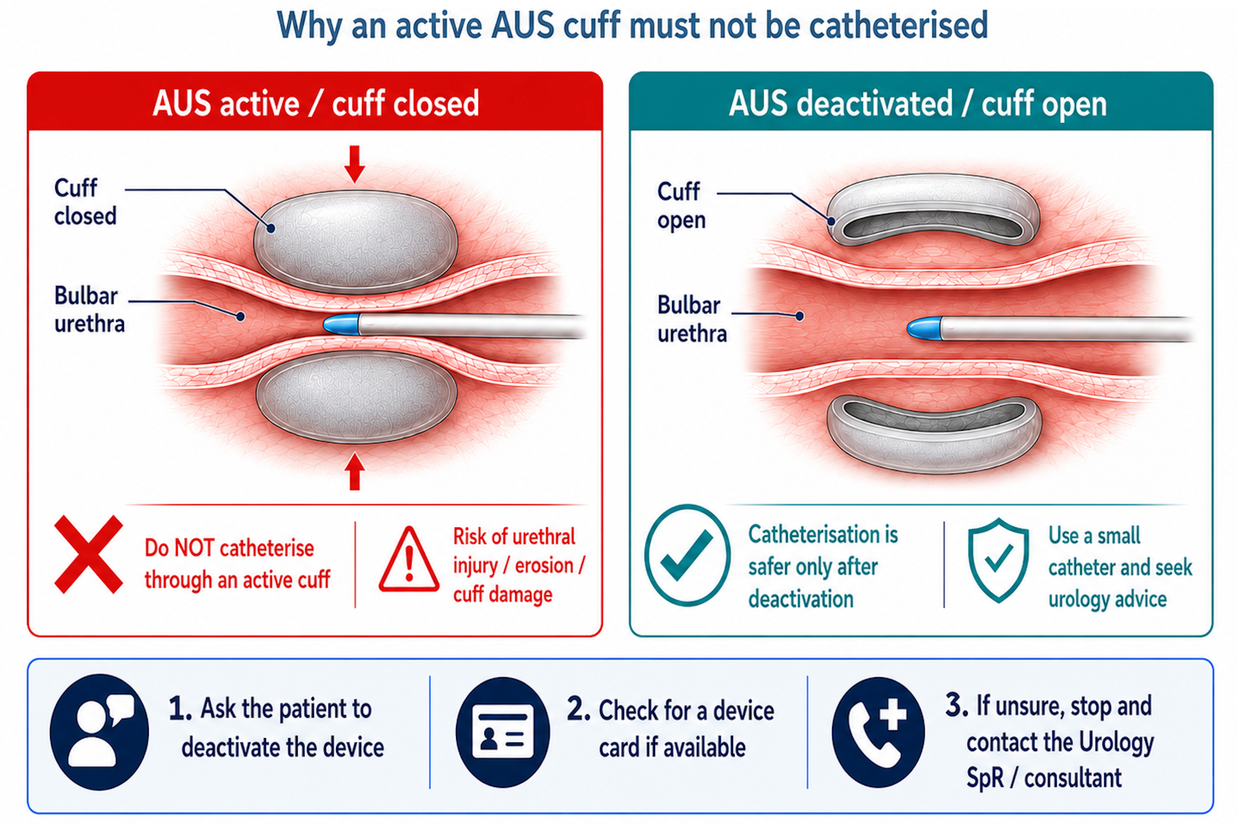Artificial urinary sphincter catheterisation danger and deactivation safety
